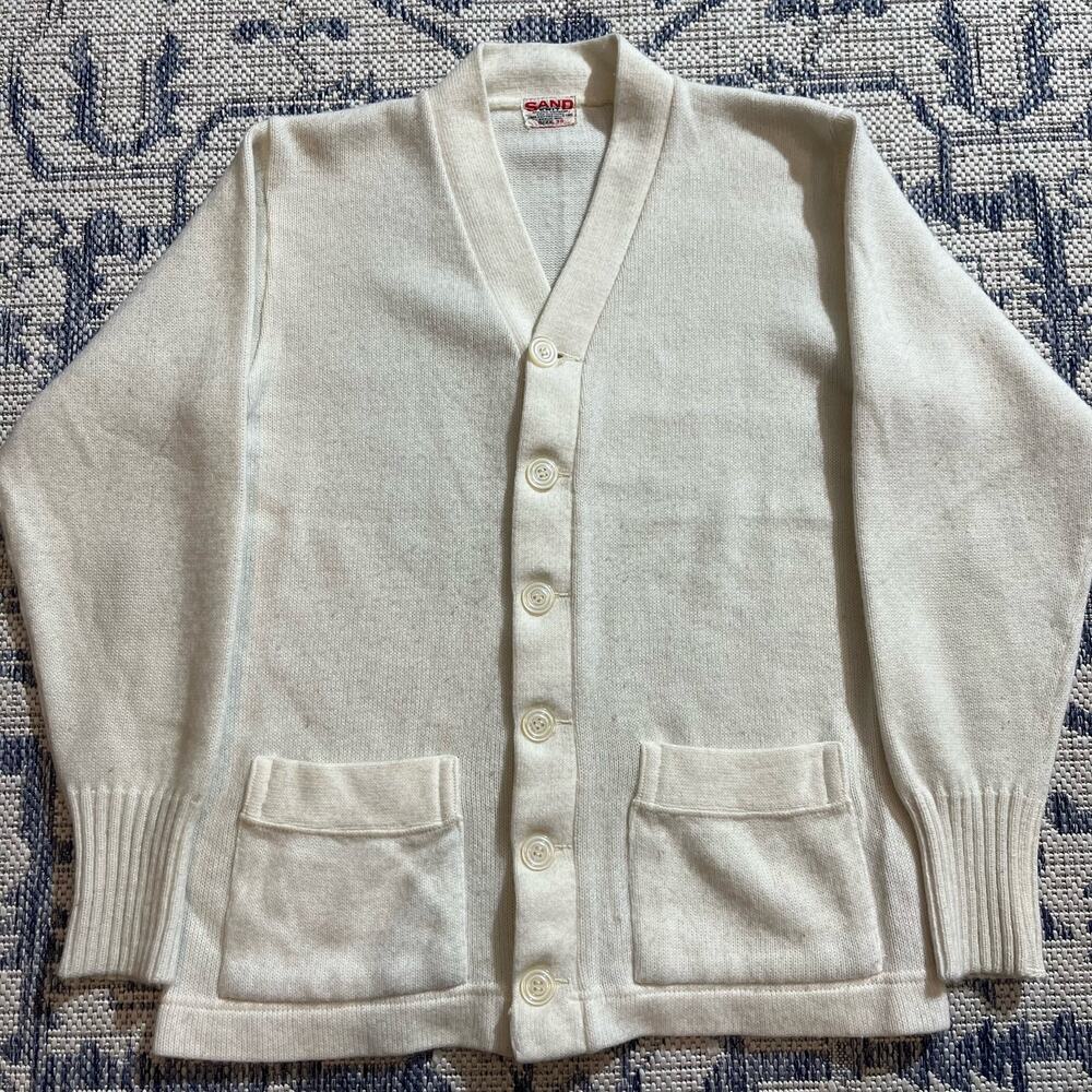 1940's TrueVintage White Wool Sand Knit Cardigan Double Pocket Style SZ M 19x25